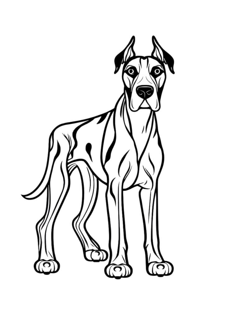 black and white illustration of a Great Dane Dog, full body