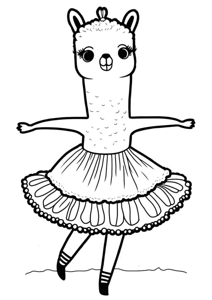coloring page showing a llama as a ballerina