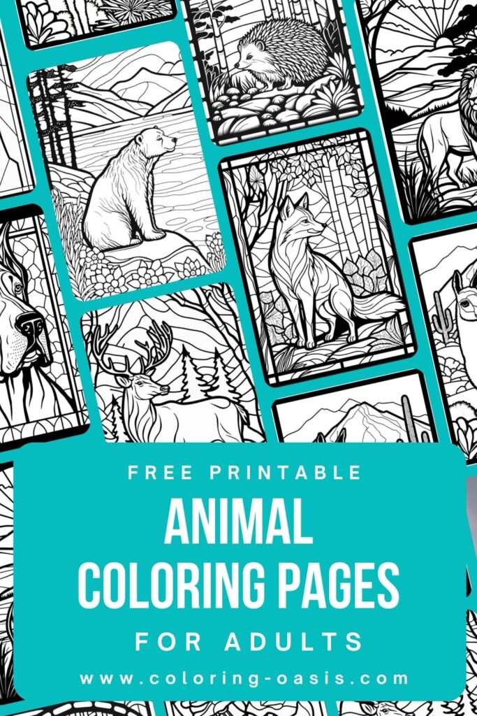 Pinterest image showing different animal coloring pages for adults