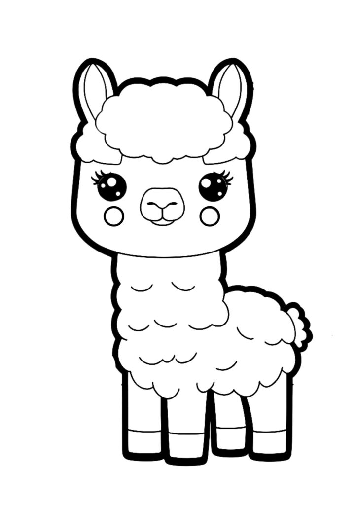 a cute chibi llama as a black outline for coloring