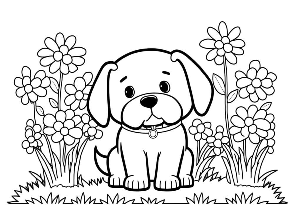 coloring page of a cute dog and flowers 