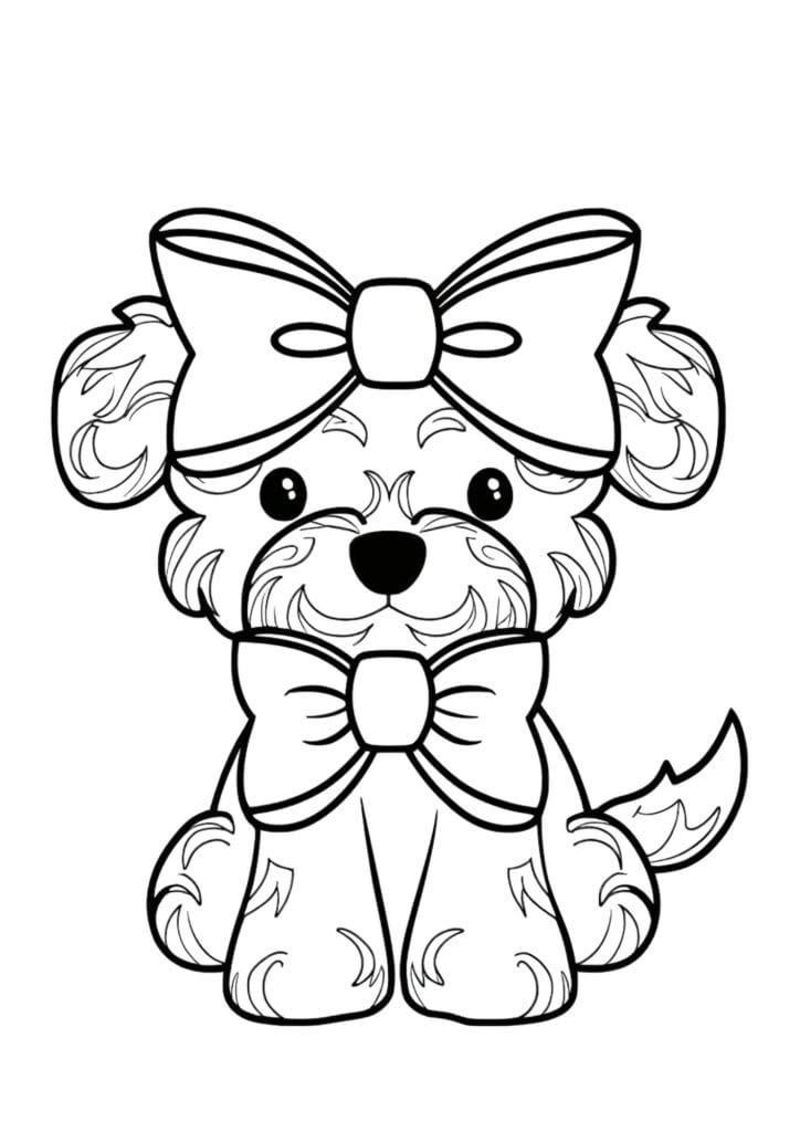 cute dog with bow - black and white illustration
