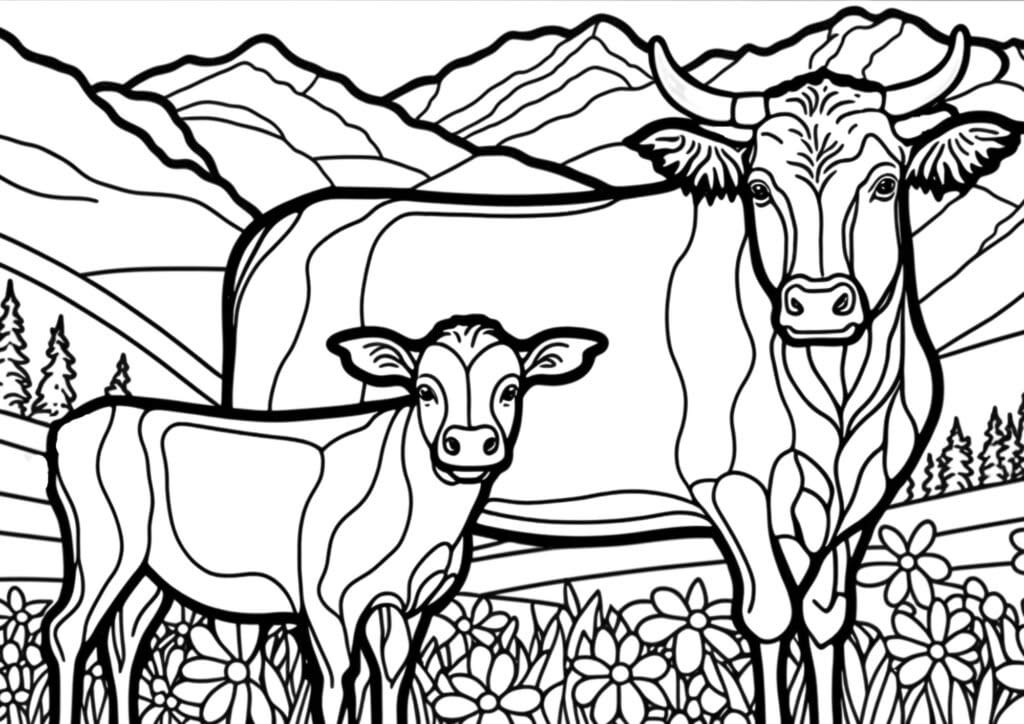 detailed coloring page of a cow and calf