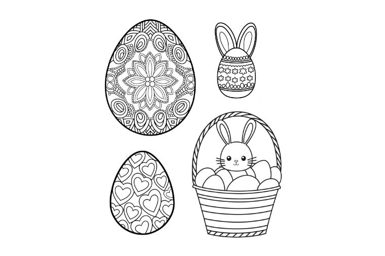 4 different easter egg coloring pages