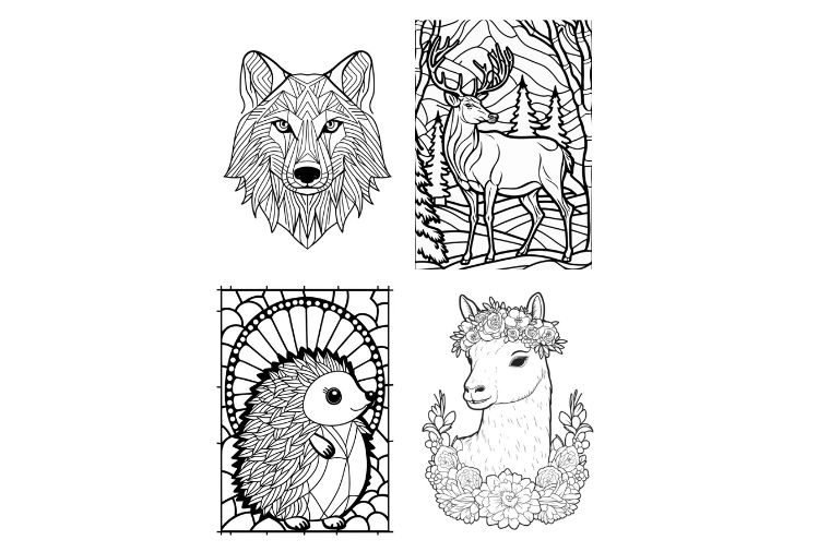 4 coloring pages of animals showing a wolf, a llama, a hedge hog and an elk.