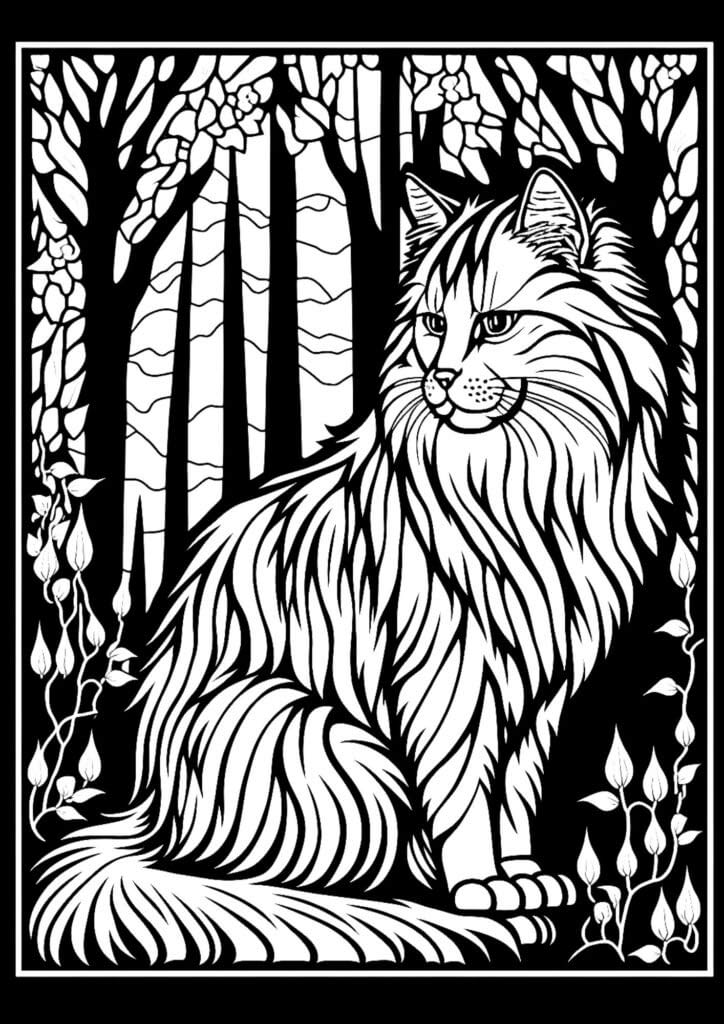 detailed coloring page for adults of cat in the forest