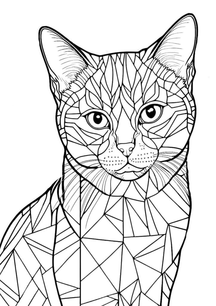 cat with geometric pattern as a coloring page for adults