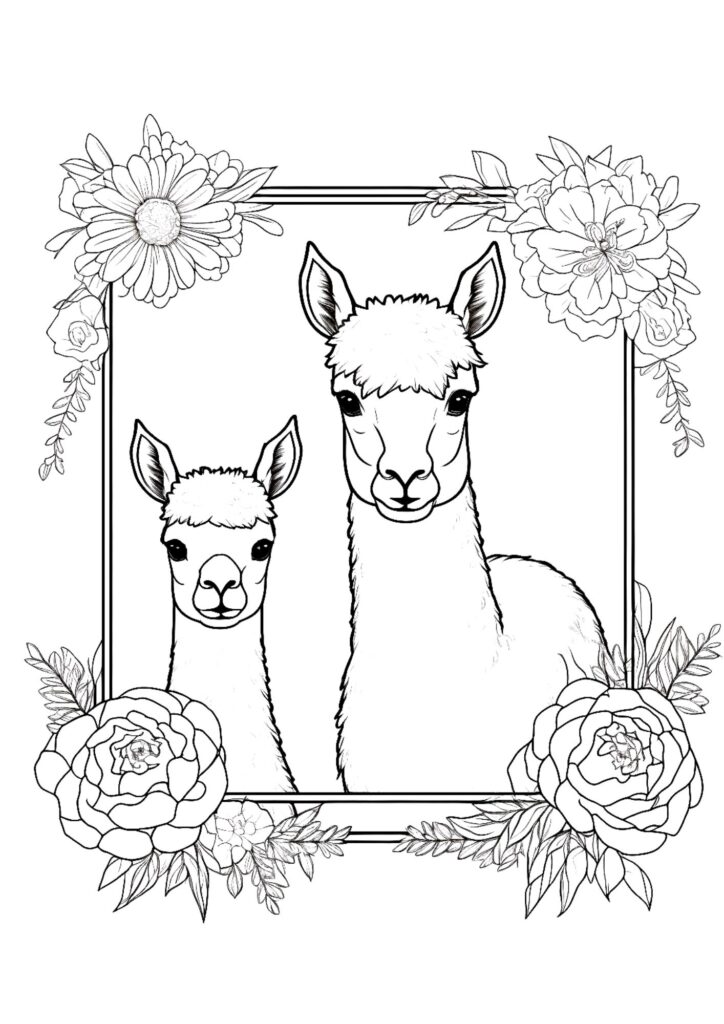 Llama mom and baby in flower frame as a coloring page