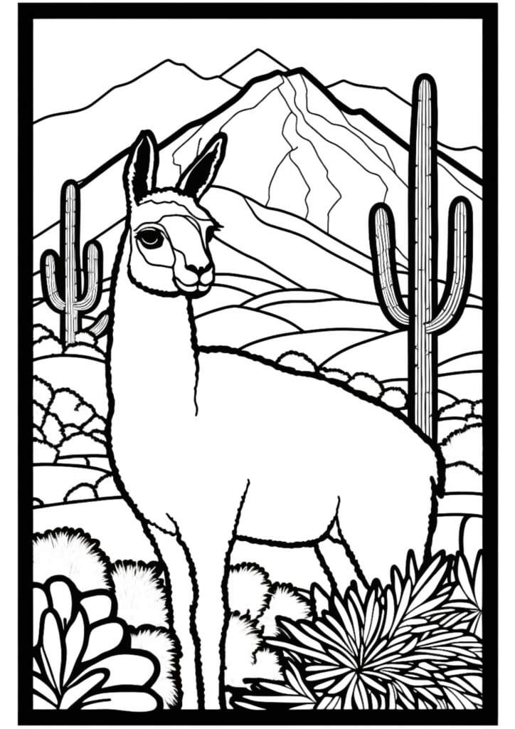 printable llama coloring page: Llama in mountain landscape