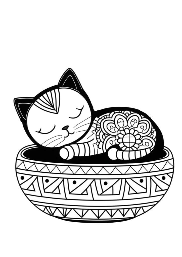 coloring page of a sleeping cat with azteque mandala style pattern