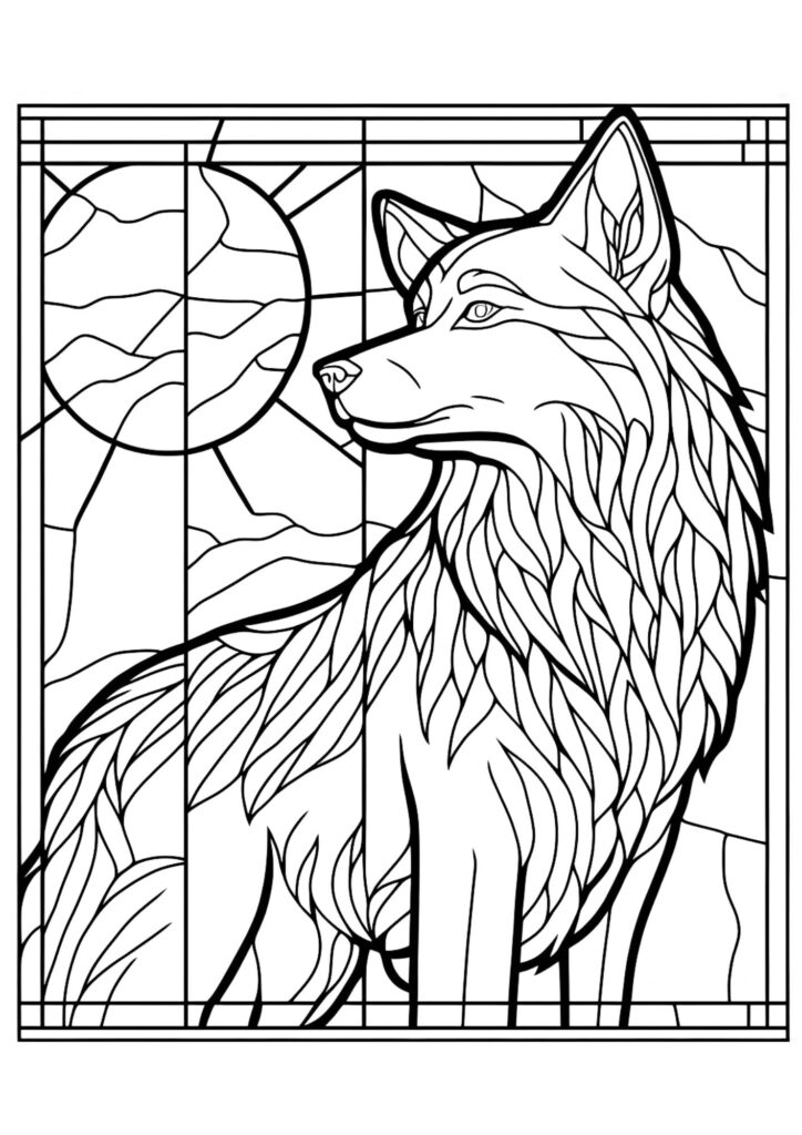 wolf coloring page in the style of a stained glass window